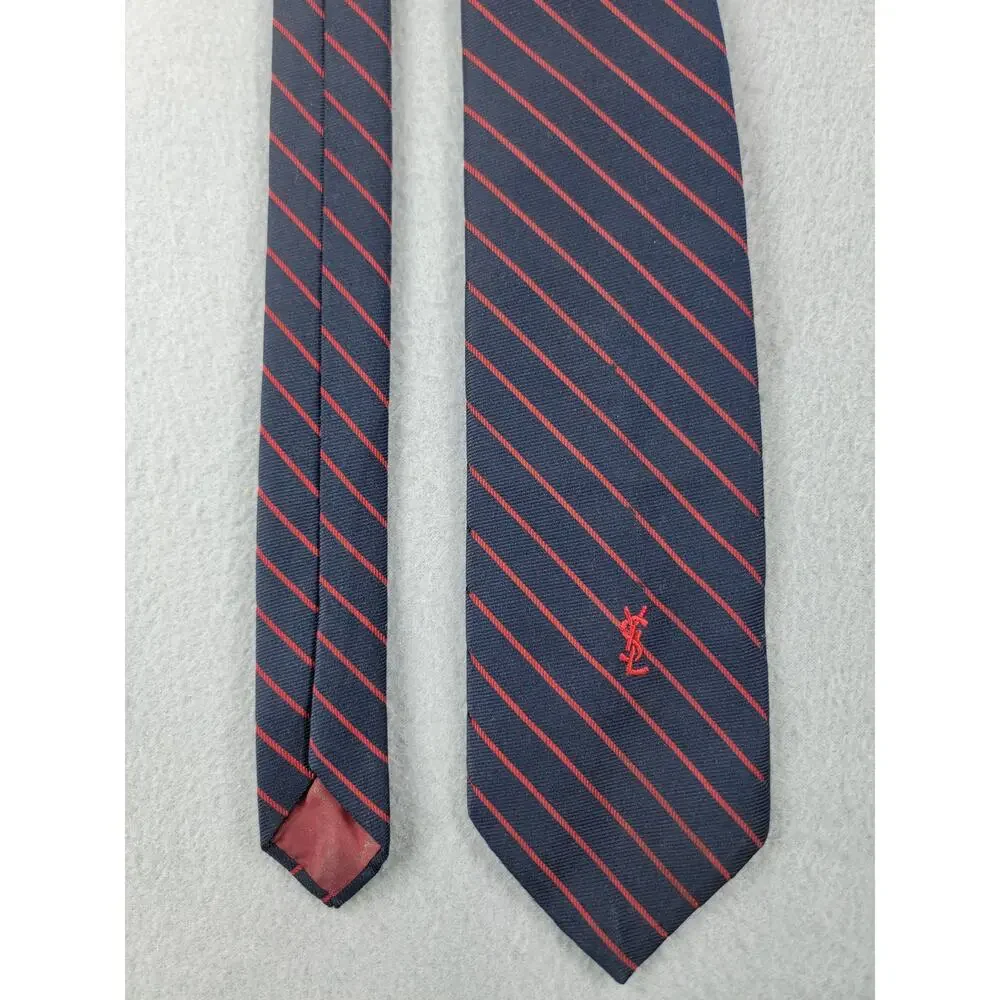 Vintage Yves Saint Laurent Navy Red Striped Tie YSL Logo
